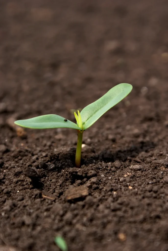 A small green seedling growing in dark soil.