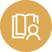 An icon of a person reading a book with a bookmark on a mustard-yellow circle background. An icon of a person reading a book with a bookmark on a mustard-yellow circle background.