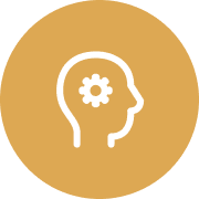 Icon of a human head with a gear inside on a brown circle. Icon of a human head with a gear inside on a brown circle.