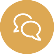 Icon of two white speech bubbles on a mustard circle background. Icon of two white speech bubbles on a mustard circle background.