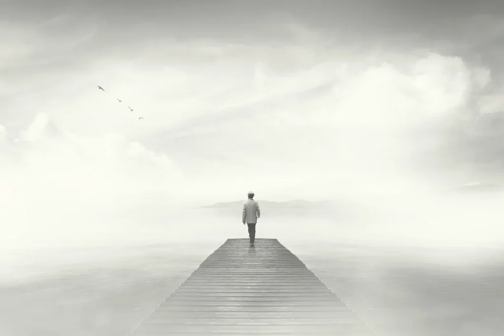 A person standing alone on a dock extending into foggy water.