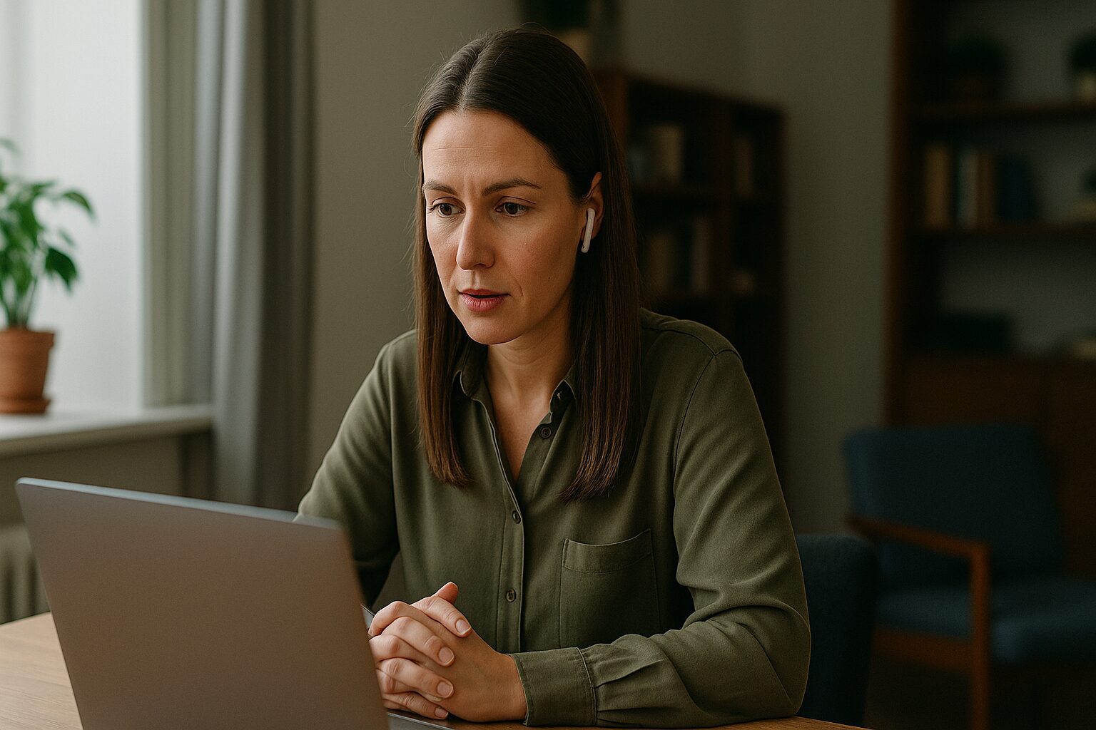 A woman with long dark hair sits thoughtfully at a table indoors.