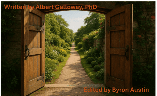 Open wooden gate to lush garden path.