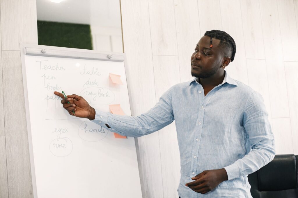 Person pointing at whiteboard