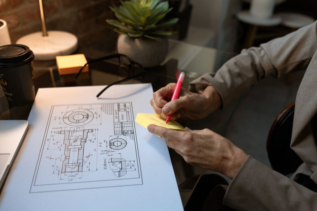 Hands writing sticky note beside technical drawing
