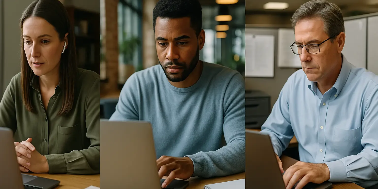 Three coworkers collaborating at a laptop in a modern office. Three coworkers collaborating at a laptop in a modern office.