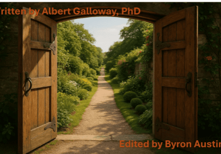 Open wooden gate to lush garden path.