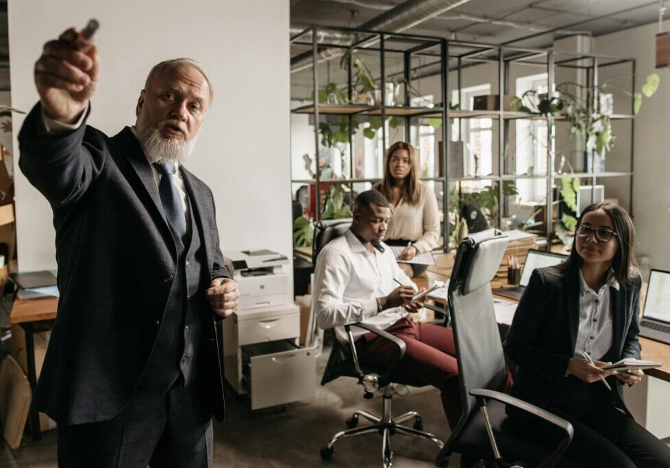 Senior executive presenting to team in office