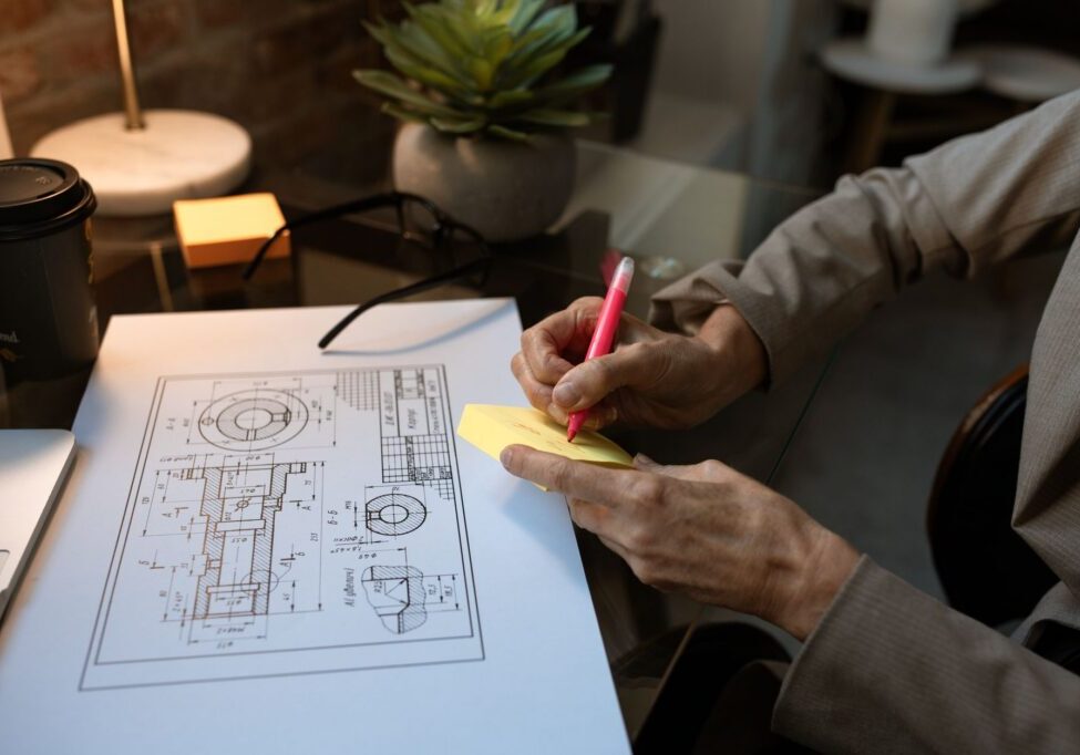 Hands writing sticky note beside technical drawing